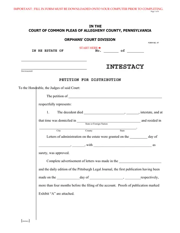 First page of Petition for Distribution