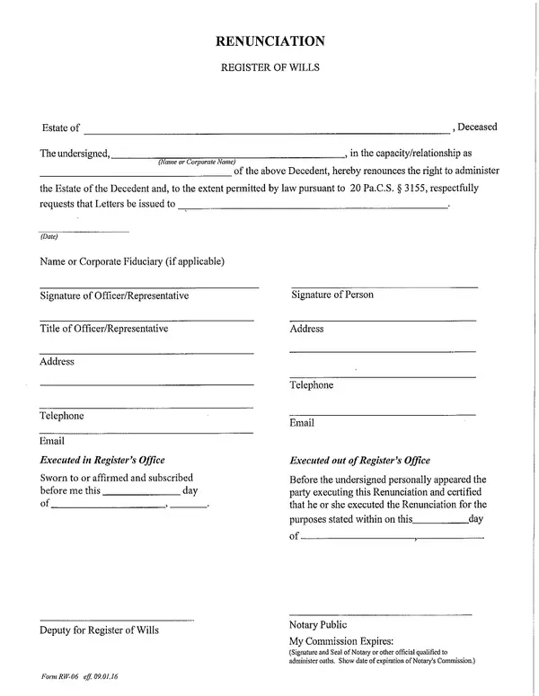 First page of Renunciation - Register of Wills