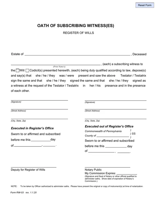 First page of Oath of Subscribing Witness(Es)