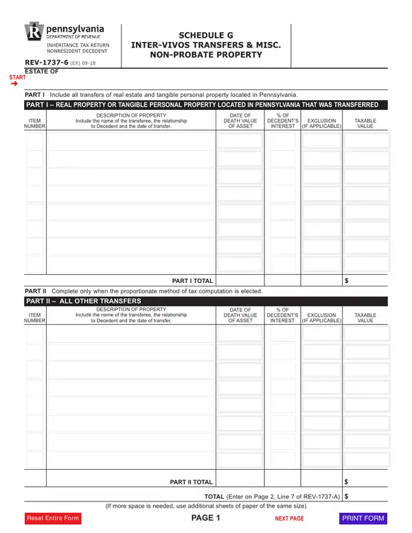First page of Schedule G: Inter-Vivos Transfers & Misc. Non-Probate Property / Schedule H: Funeral Expenses & Administrative Costs