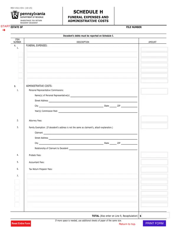 First page of Schedule H - Funeral Expenses and Administrative Costs
