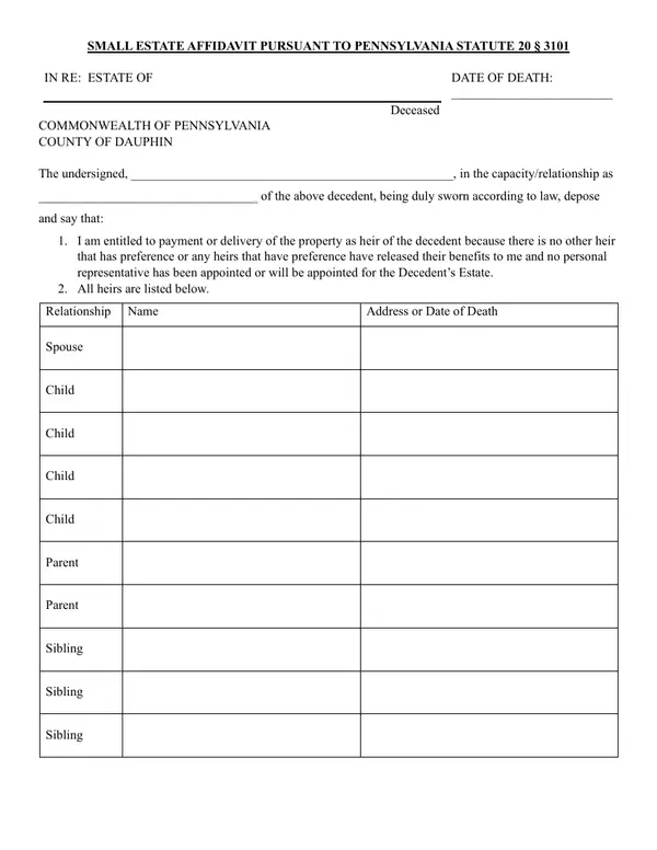 First page of Small Estate Affidavit Pursuant to Pennsylvania Statute 20 § 3101