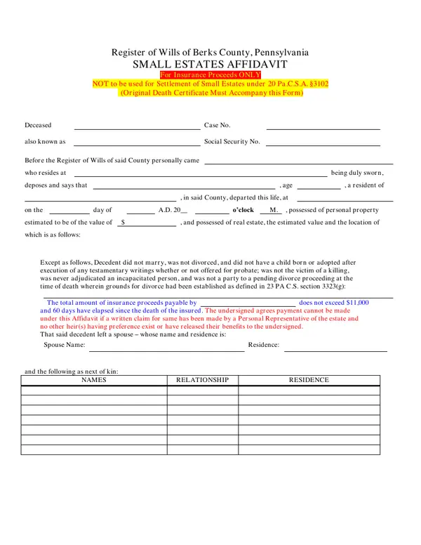 First page of Small Estates Affidavit