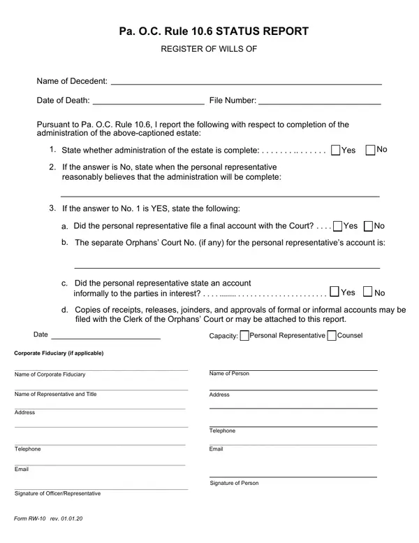 First page of Pa. O.C. Rule 10.6 STATUS REPORT