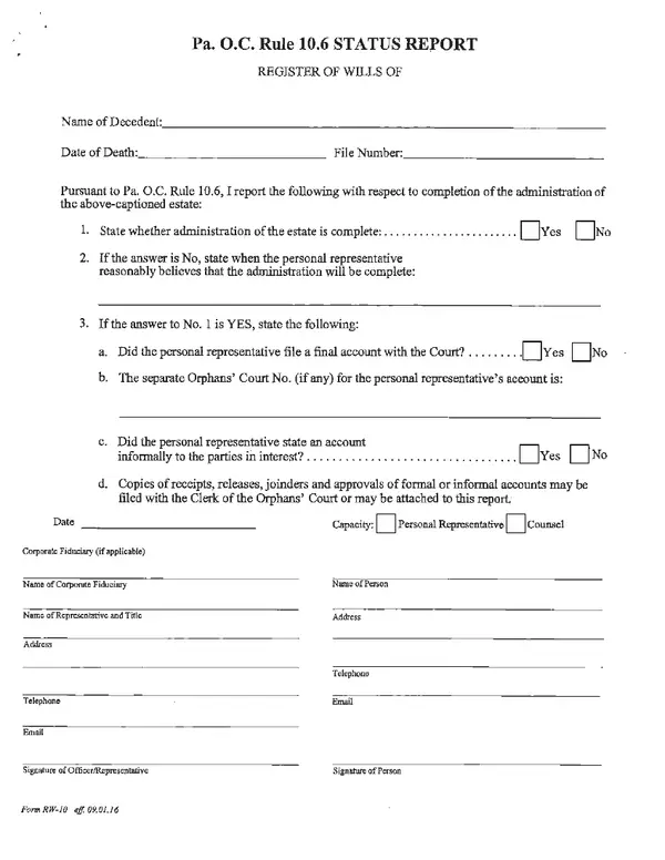 First page of Pa. O.C. Rule 10.6 STATUS REPORT
