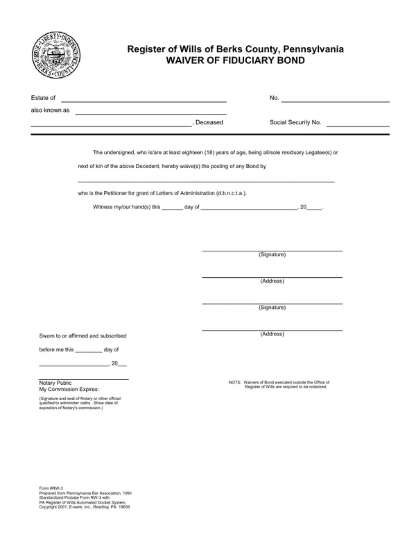 First page of Waiver of Fiduciary Bond