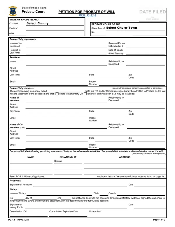 First page of Petition for Probate of Will