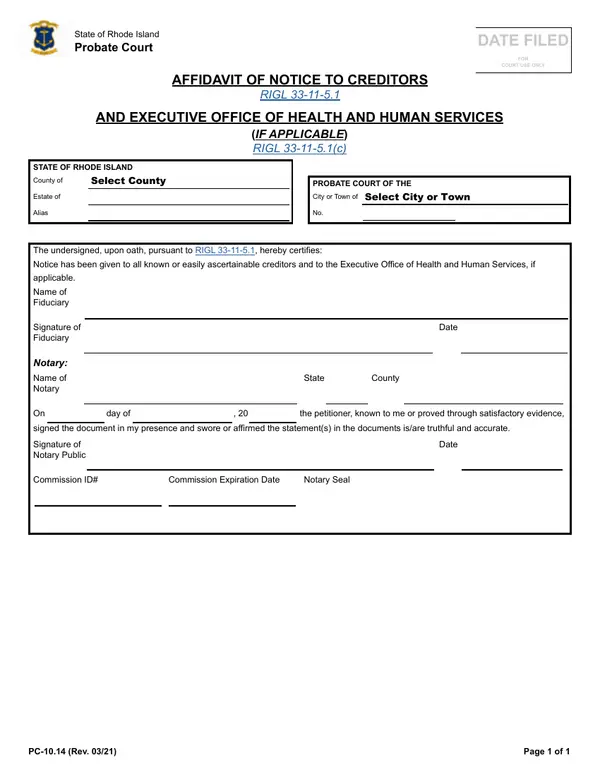 First page of Affidavit of Notice to Creditors