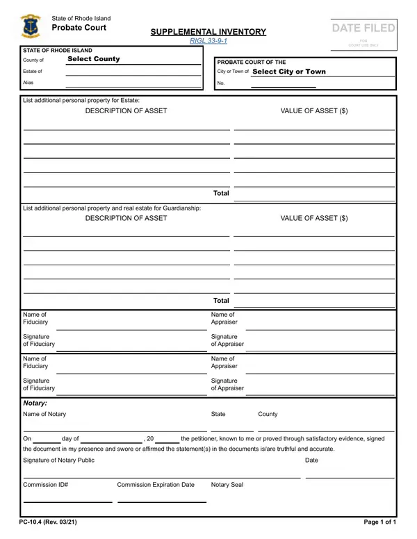 First page of Supplemental Inventory