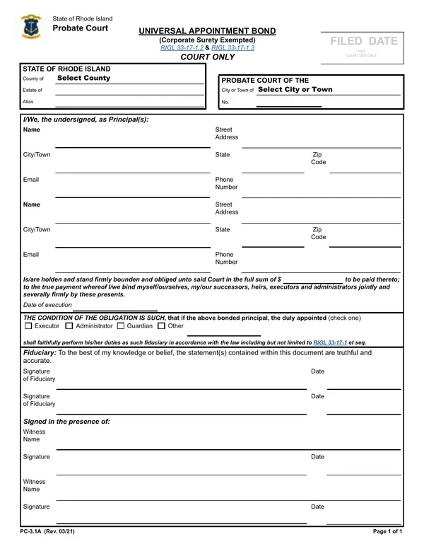 First page of Universal Appointment Bond (Corporate Surety Exempted)