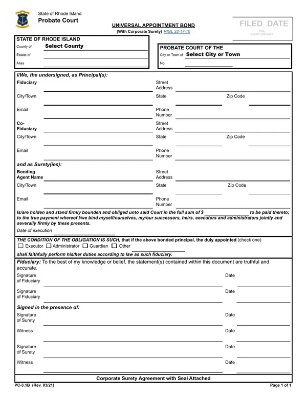 First page of UNIVERSAL APPOINTMENT BOND (With Corporate Surety)