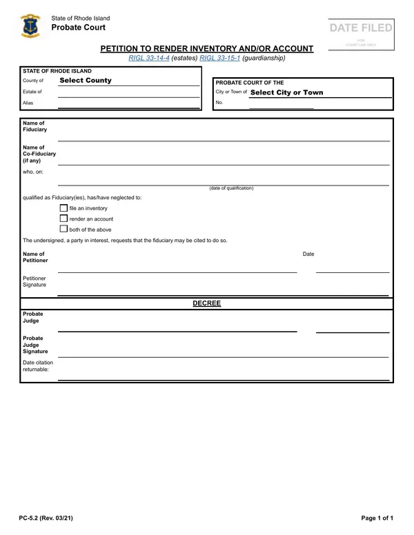 First page of Petition to Render Inventory and/or Account