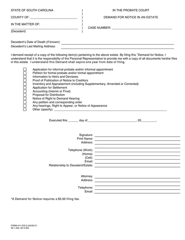 First page of Demand for Notice in an Estate