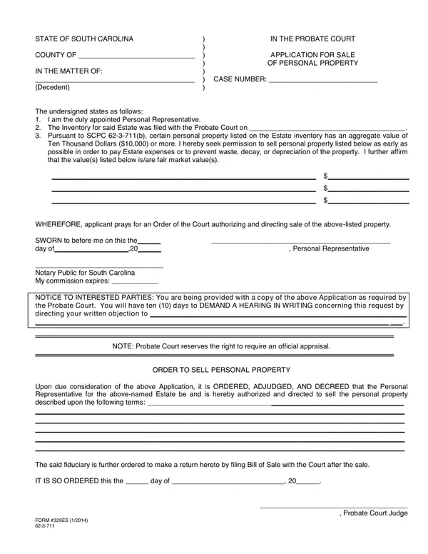 First page of Application for Sale of Personal Property