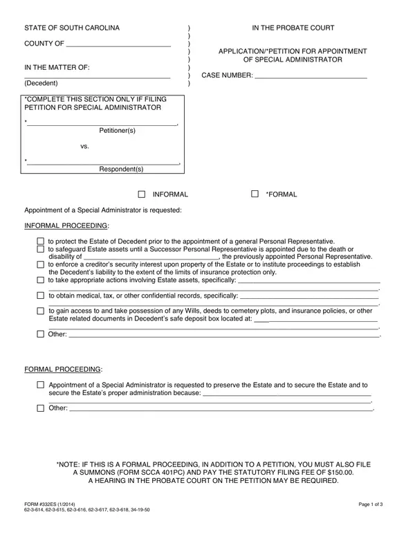 First page of Application/Petition for Appointment of Special Administrator