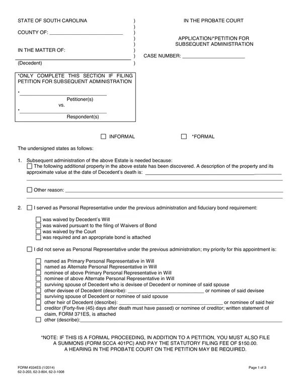 First page of Application/Petition for Subsequent Administration