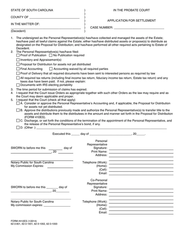 First page of Application for Settlement