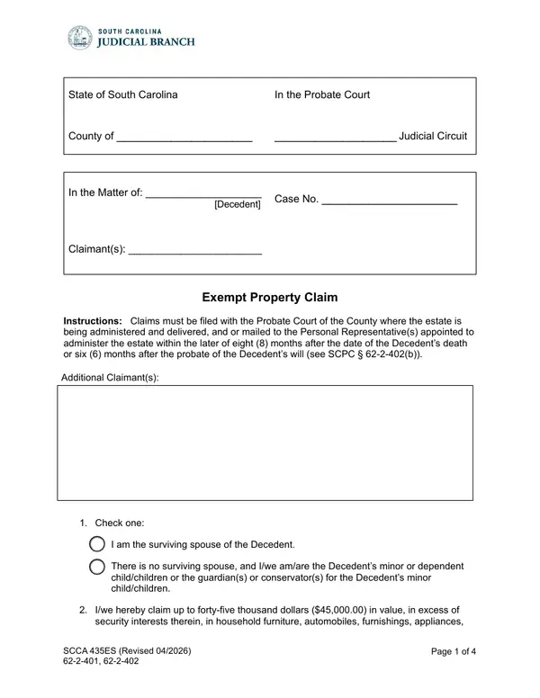 First page of Exempt Property Claim