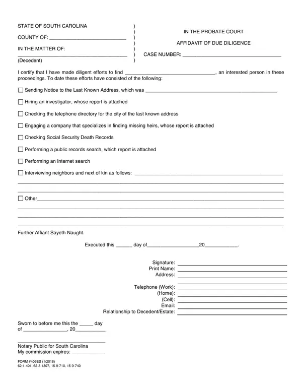 First page of Affidavit of Due Diligence