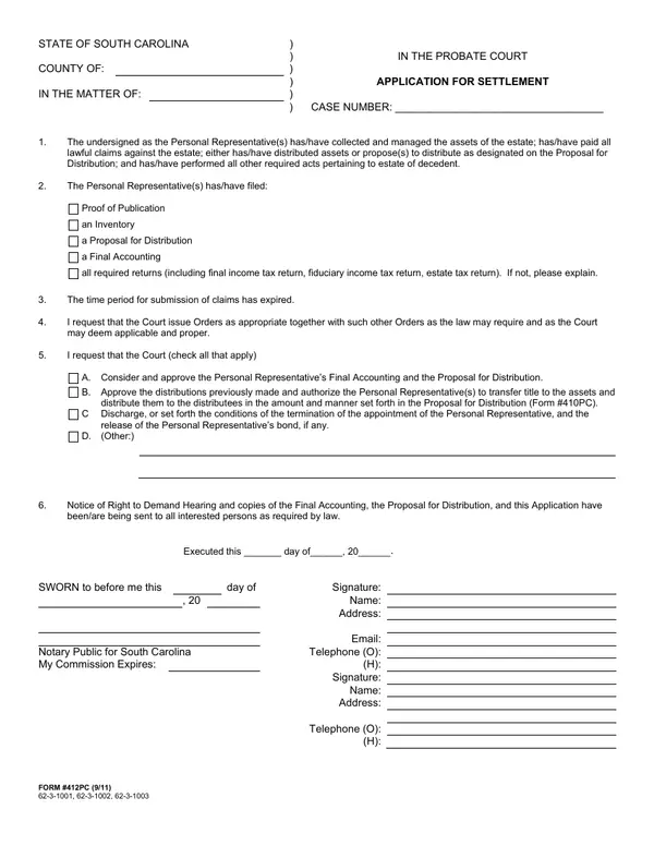 First page of Application for Settlement