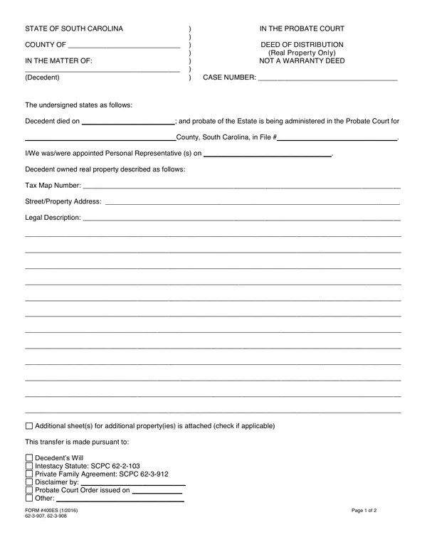 First page of Deed of Distribution (Real Property Only)