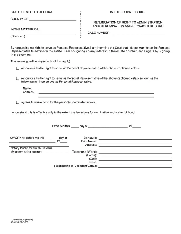 First page of Renunciation of Right to Administration and/or Nomination and/or Waiver of Bond