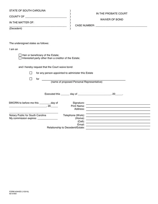 First page of Waiver of Bond