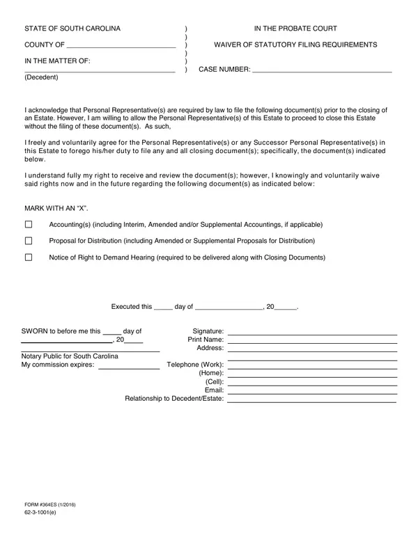 First page of Waiver of Statutory Filing Requirements