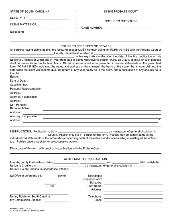 First page of Notice to Creditors