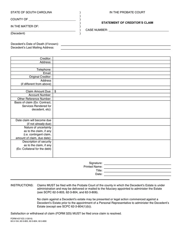First page of Statement of Creditor's Claim