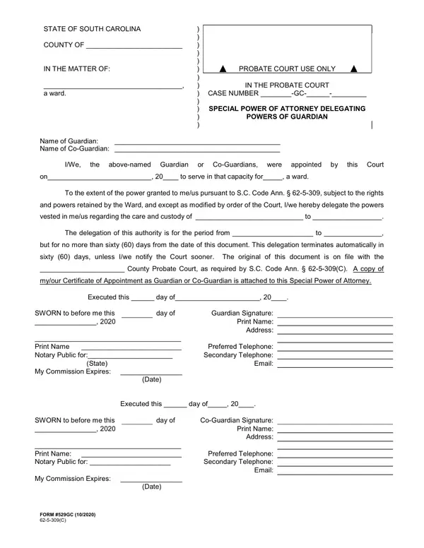 First page of Special Power of Attorney Delegating Powers of Guardian
