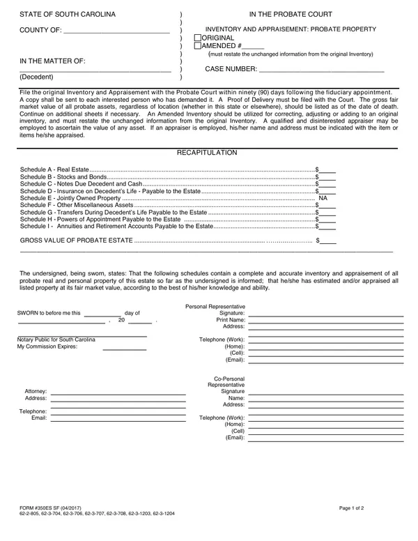 First page of Inventory and Appraisement: Probate Property