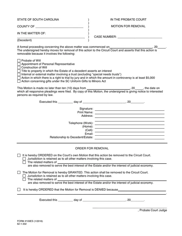 First page of Motion for Removal