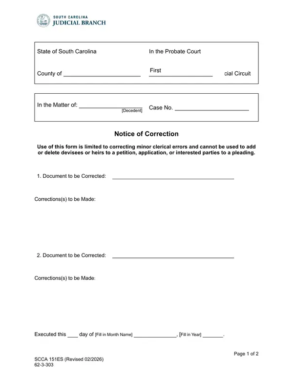 First page of Notice of Correction