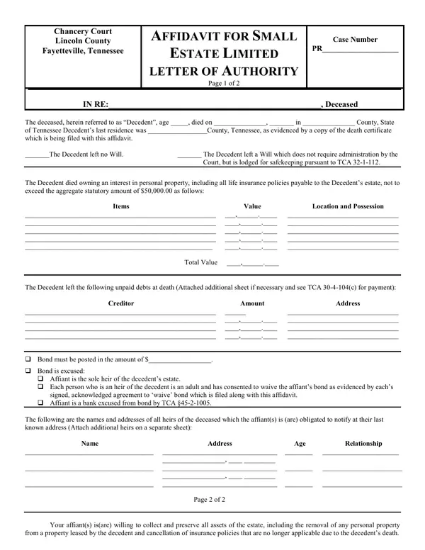 First page of Affidavit for Small Estate Limited Letter of Authority