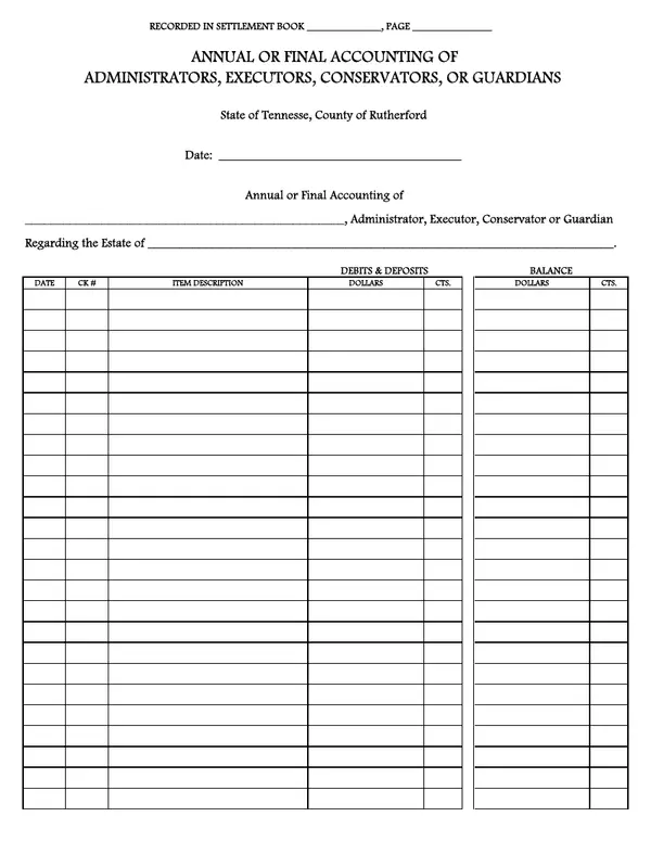 First page of Annual or Final Accounting of Administrators, Executors, Conservators, or Guardians