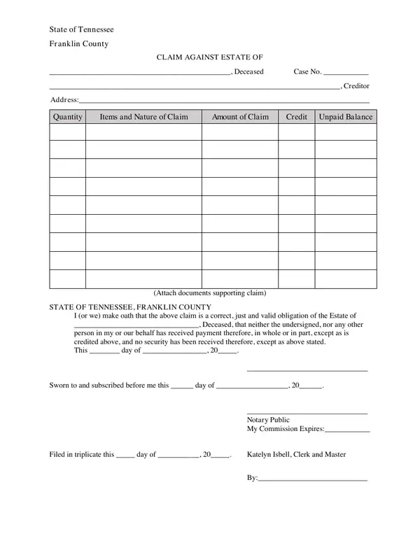 First page of Claim Against Estate of