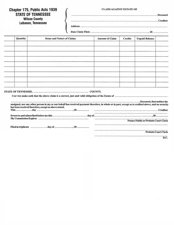 First page of Claim Against Estate of