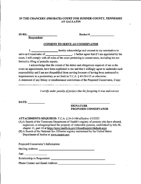 First page of Consent to Serve as Conservator