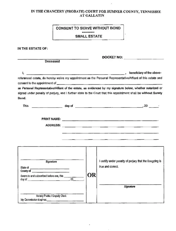 First page of Consent to Serve Without Bond - Small Estate