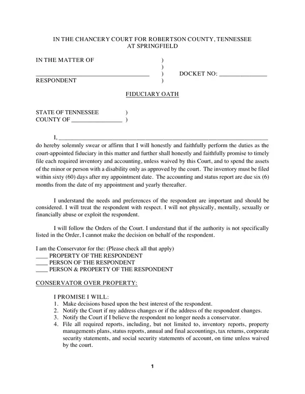 First page of Fiduciary Oath