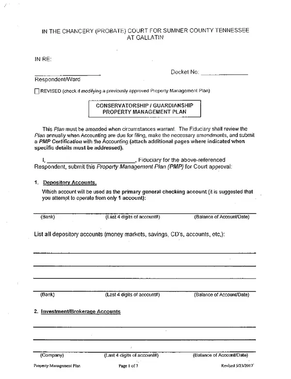 First page of Conservatorship / Guardianship Property Management Plan