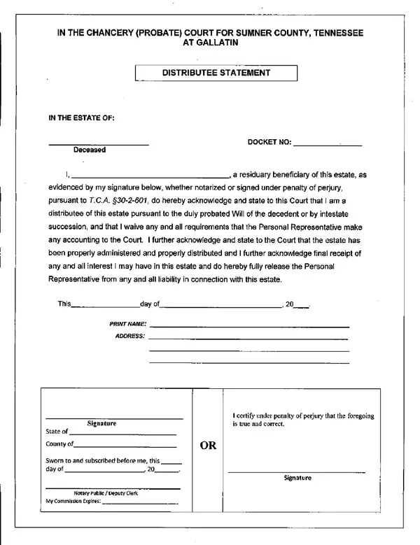 First page of Distributee Statement