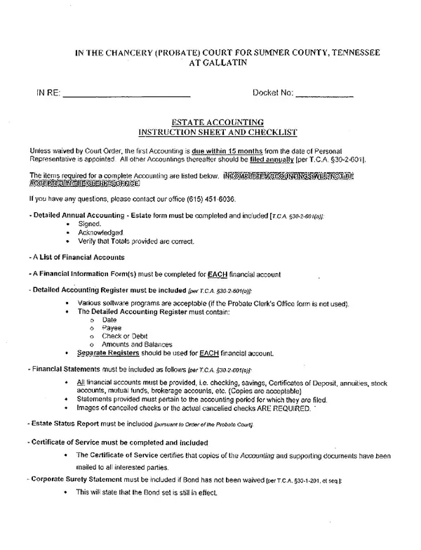 First page of Estate Accounting Instruction Sheet and Checklist / Detailed Accounting – Estate