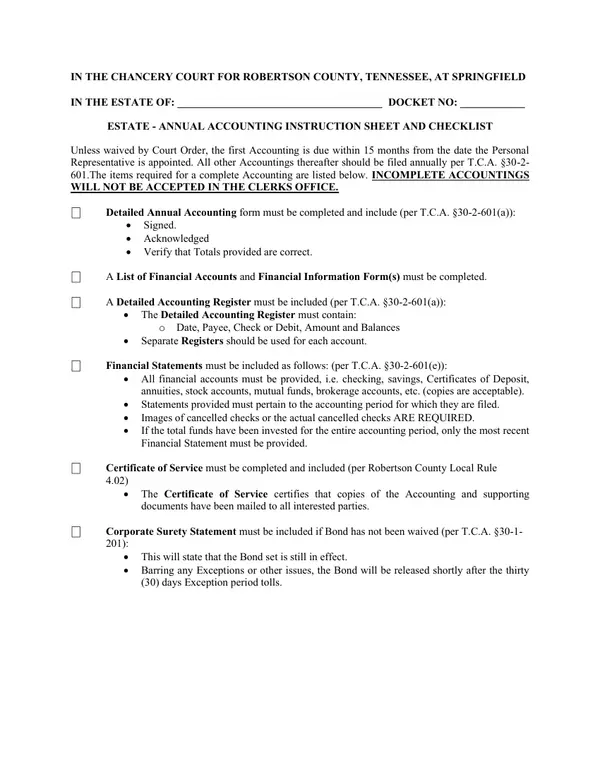First page of Estate - Annual Accounting Instruction Sheet and Checklist / Detailed Annual Accounting - Estate