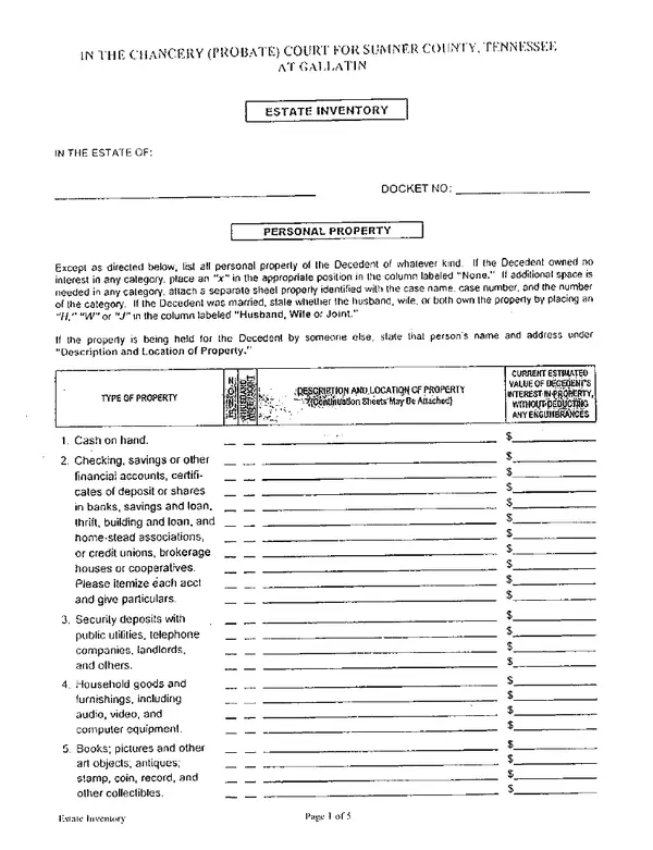 First page of Estate Inventory