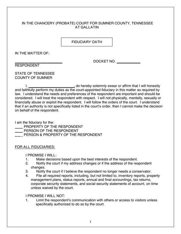 First page of Fiduciary Oath