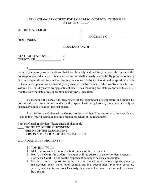 First page of Fiduciary Oath