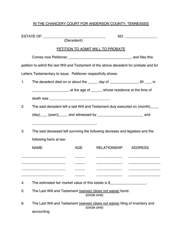 First page of Petition to Admit Will to Probate