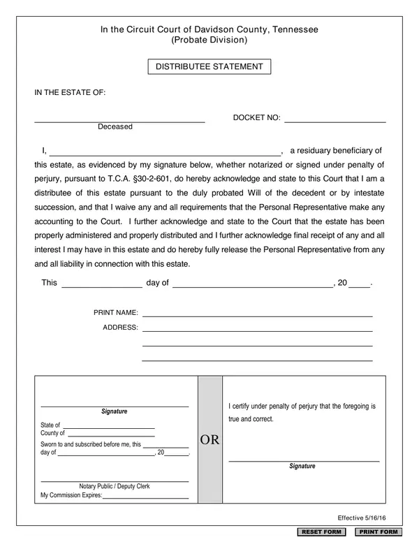 First page of Distributee Statement